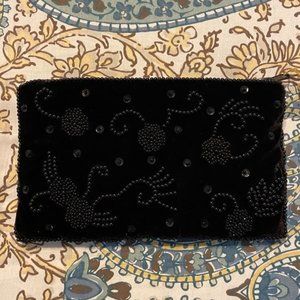 NWT - Black Beaded Velvet Zippered Evening/Makeup Bag